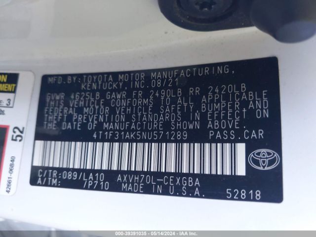 4T1F31AK5NU571289 Toyota Camry Xle Hybrid
