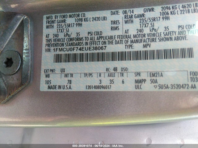 Ford ESCAPE S 2014 1FMCU0F74EUE38067 Image 9