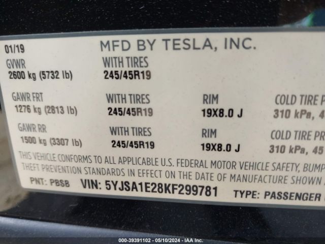 5YJSA1E28KF299781 Tesla Model S 100d/75d/long Range/standard Range