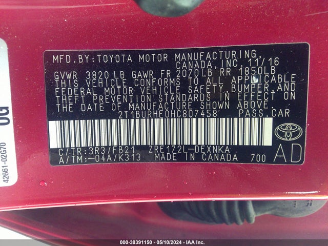 Toyota COROLLA LE 2017 2T1BURHE0HC807458 Image 9