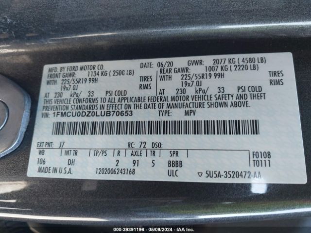 1FMCU0DZ0LUB70653 Ford Escape Titanium Hybrid