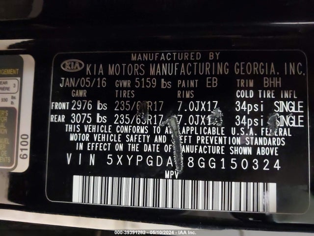 KIA Sorento 2.4l Lx 2016 5XYPGDA38GG150324 Image 9