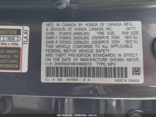 2HKRW2H98HH645210 Honda Cr-v Touring