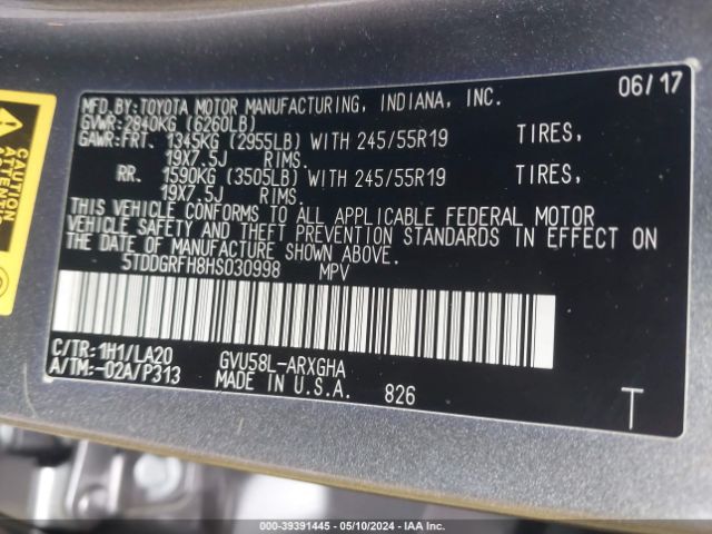 5TDDGRFH8HS030998 Toyota Highlander Hybrid Limited