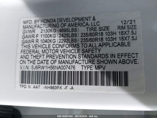 5J6RW1H56NA007476 Honda Cr-v 2wd Ex