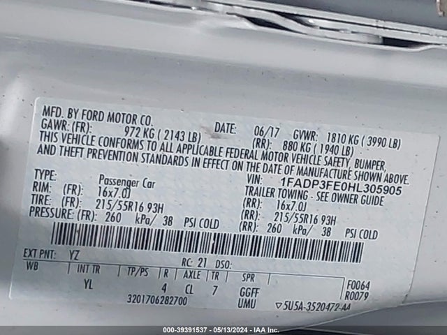Ford FOCUS SE 2017 1FADP3FE0HL305905 Image 9