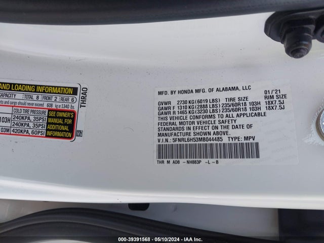 Honda ODYSSEY EX 2021 5FNRL6H53MB044485 Image 9