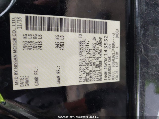 Nissan Altima 2.5 S 2019 1N4BL4BV7KC143552 Image 9