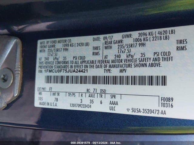 Продажа на аукционе авто 2018 Ford Escape S, vin: 1FMCU0F75JUA24421, номер лота: 39391579
