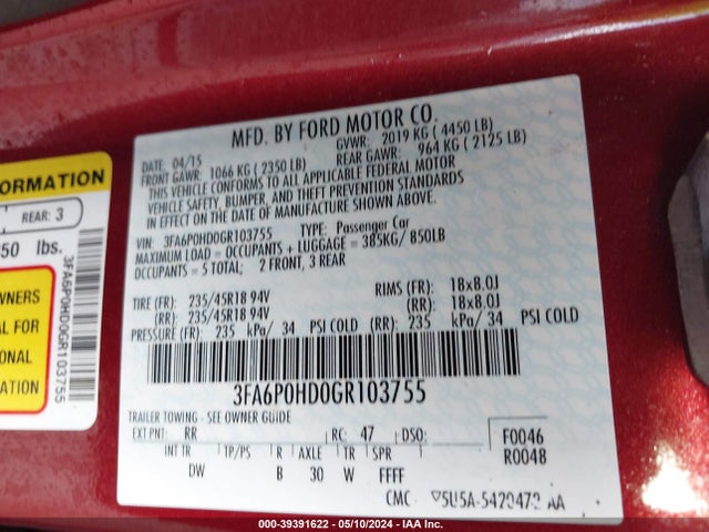 Ford FUSION SE 2016 3FA6P0HD0GR103755 Image 9