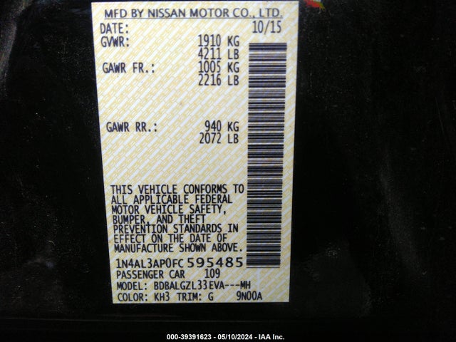 Nissan Altima 2.5 S 2015 1N4AL3AP0FC595485 Image 9
