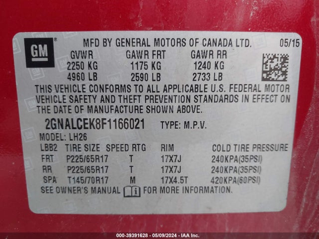 Chevrolet Equinox 2lt 2015 2GNALCEK8F1166021 Image 9
