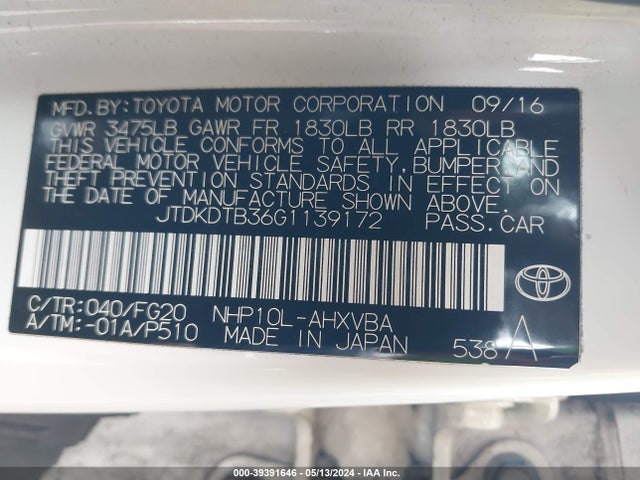 Toyota Prius C Two 2016 JTDKDTB36G1139172 Image 9
