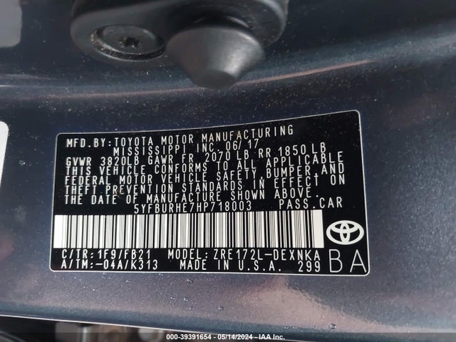 Toyota COROLLA LE 2017 5YFBURHE7HP718003 Image 9