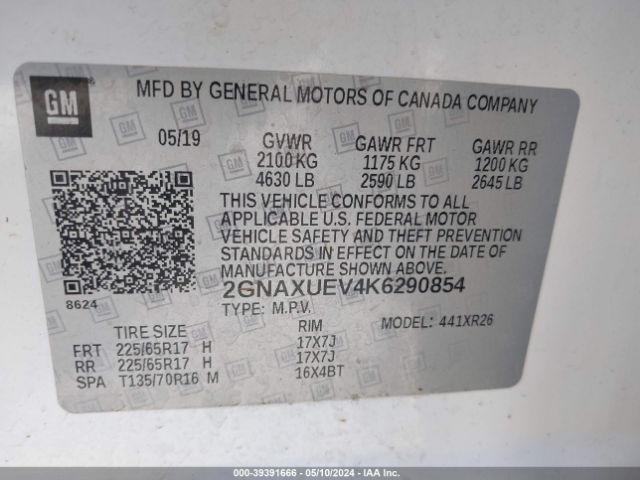2GNAXUEV4K6290854 Chevrolet EQUINOX LT