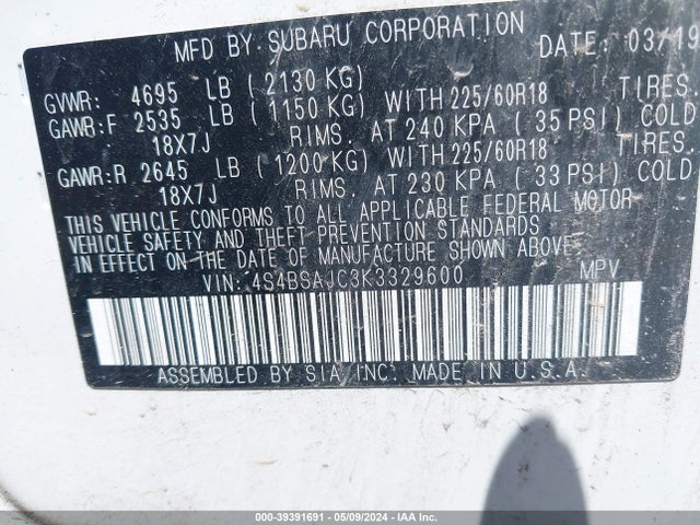 Subaru Outback 2.5i Limited 2019 4S4BSAJC3K3329600 Image 9