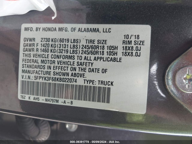 Honda Ridgeline Rtl-t 2019 5FPYK3F68KB022074 Image 9