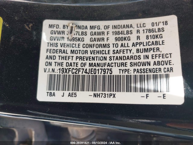 Honda CIVIC EX 2018 19XFC2F74JE017975 Image 9
