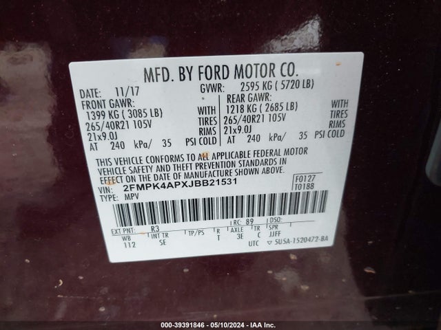 Ford EDGE SPORT 2018 2FMPK4APXJBB21531 Image 9