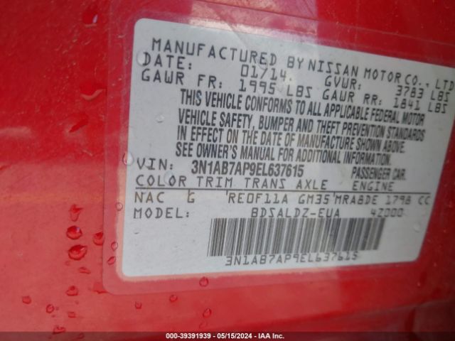 3N1AB7AP9EL637615 Nissan Sentra Fe+ S/fe+ Sv/s/sl/sr/sv