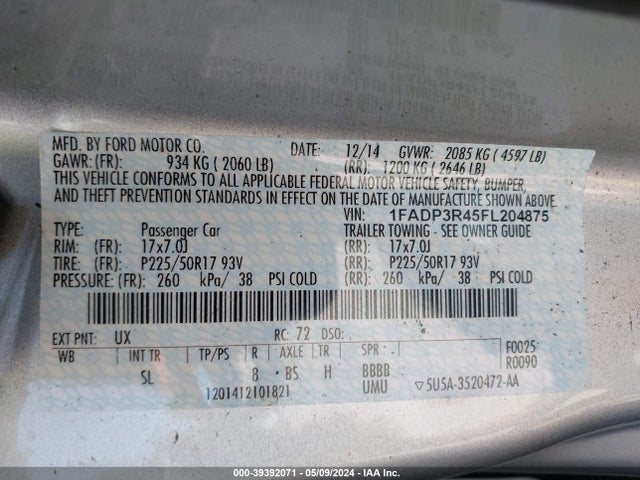 2015 FORD FOCUS ELECTRIC VIN: 1FADP3R45FL204875