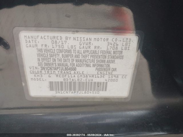 3N1CN7AP7JL804550 Nissan Versa 1.6 Sv