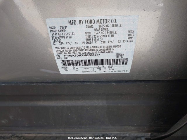 Ford EXPLORER XLT 2021 1FMSK7DHXMGB96257 Image 9