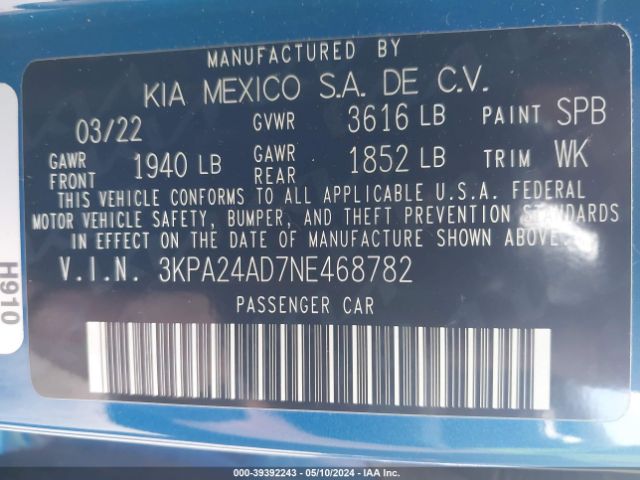 3KPA24AD7NE468782 KIA RIO S