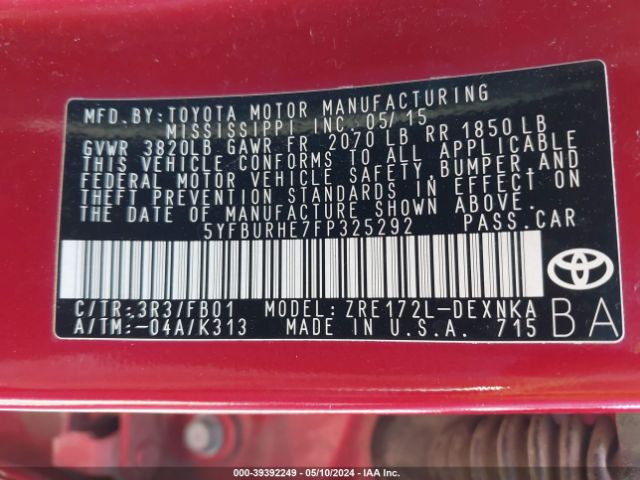 5YFBURHE7FP325292 Toyota Corolla Le Plus