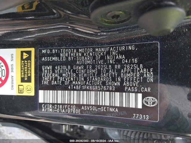 Toyota CAMRY LE 2016 4T4BF1FK6GR576783 Image 9