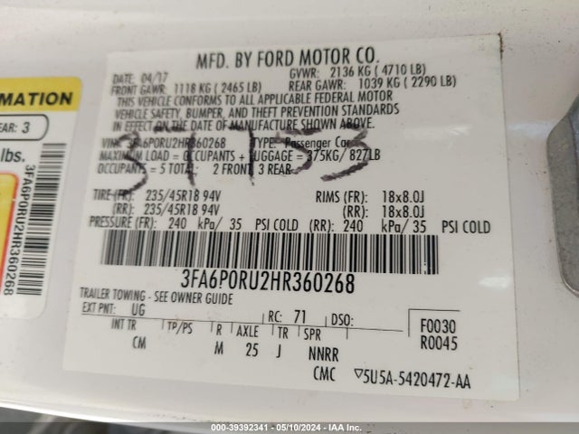Ford Fusion Hybrid Titanium 2017 3FA6P0RU2HR360268 Image 9