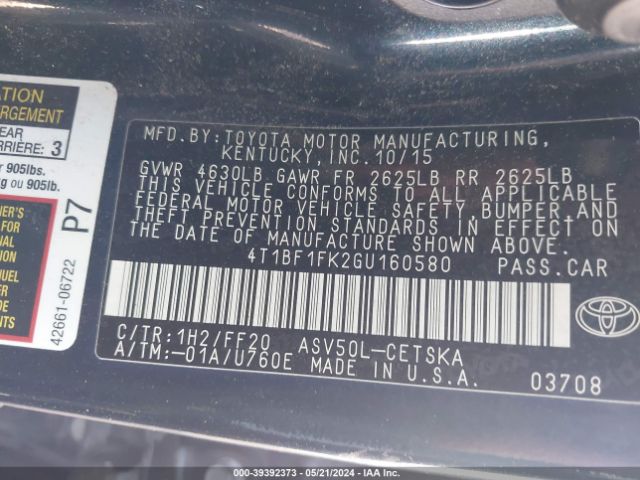 4T1BF1FK2GU160580 Toyota CAMRY SE