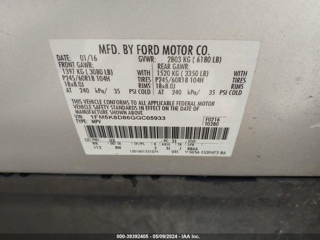 Ford EXPLORER XLT 2016 1FM5K8D86GGC05933 Image 9