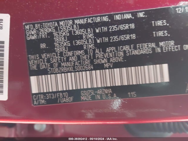 Toyota Highlander Le 2020 5TDBZRBHXLS002684 Image 9