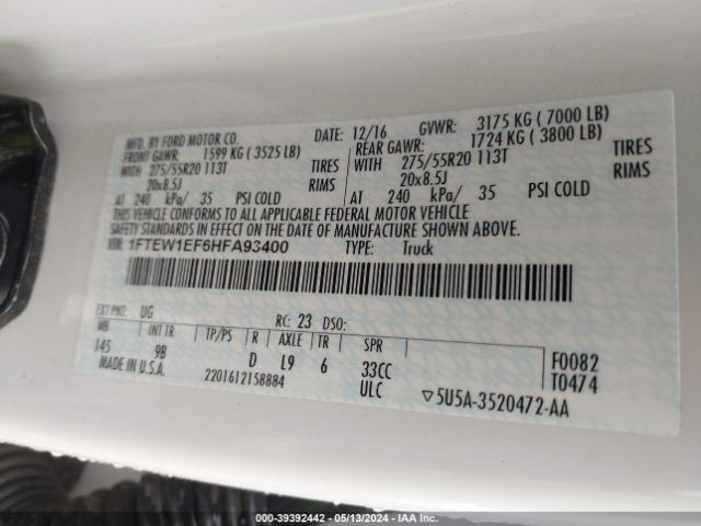 1FTEW1EF6HFA93400 Ford F-150 Platinum