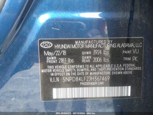 Hyundai ELANTRA SEL 2018 5NPD84LF2JH367469 Image 9