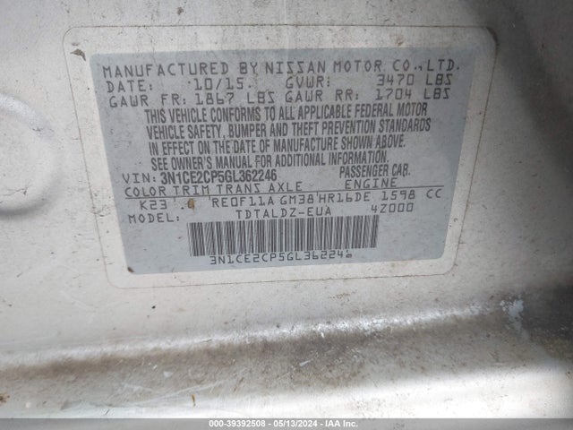 Nissan Versa Note S (sr)/s Plus/sl/sr/sv 2016 3N1CE2CP5GL362246 Image 9