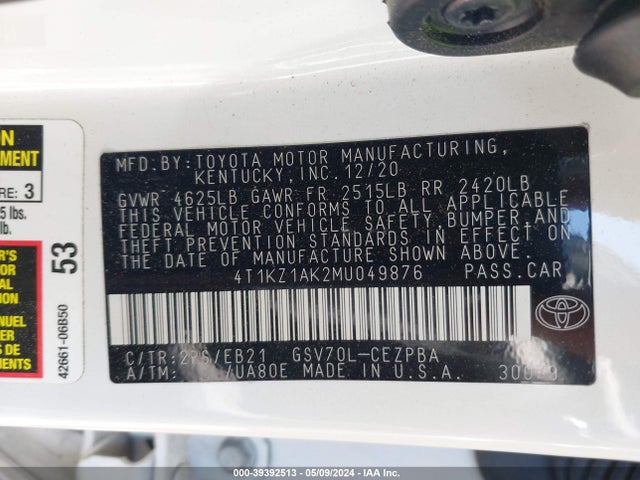 Toyota CAMRY TRD 2021 4T1KZ1AK2MU049876 Image 9