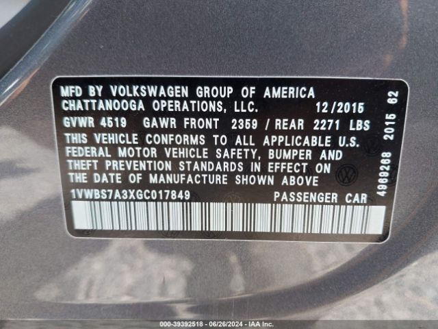 1VWBS7A3XGC017849 Volkswagen Passat 1.8t Se