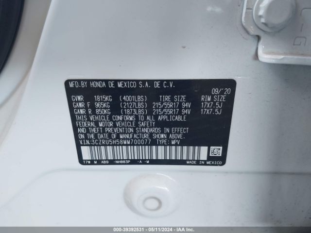 3CZRU5H58MM700077 Honda Hr-v 2wd Ex