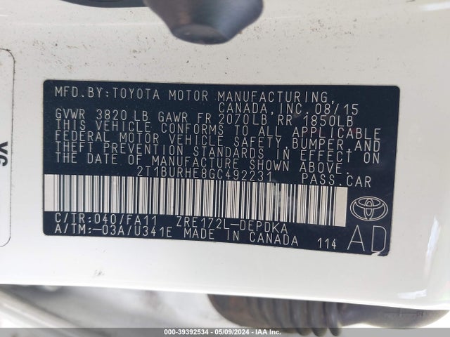 Toyota COROLLA L 2016 2T1BURHE8GC492231 Image 9