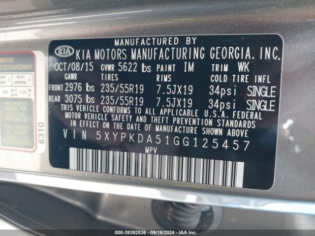 5XYPKDA51GG125457 KIA Sorento 3.3l Sxl