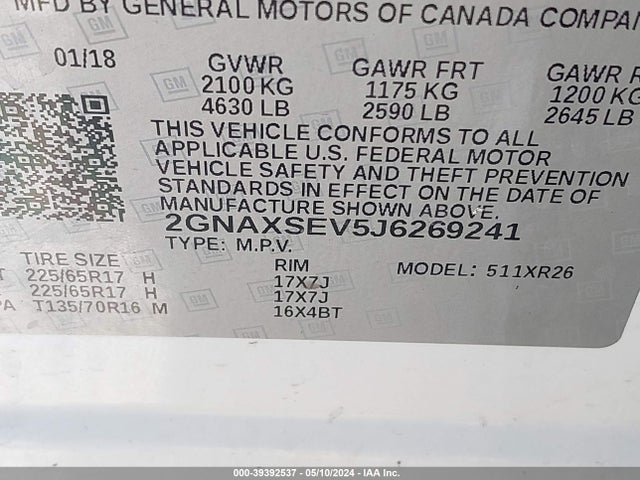Chevrolet EQUINOX LT 2018 2GNAXSEV5J6269241 Image 9