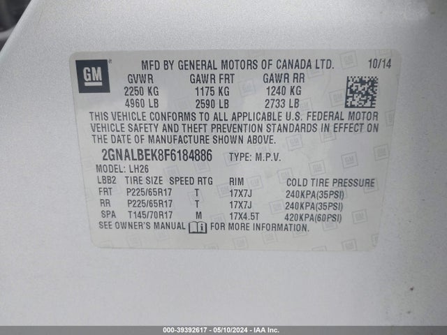 Chevrolet EQUINOX 1LT 2015 2GNALBEK8F6184886 Image 9