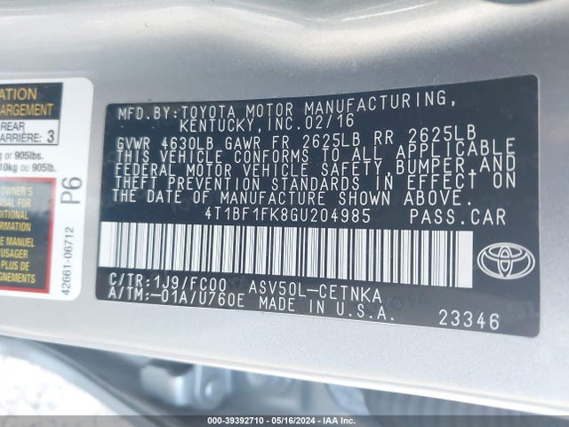 Toyota CAMRY LE 2016 4T1BF1FK8GU204985 Image 9