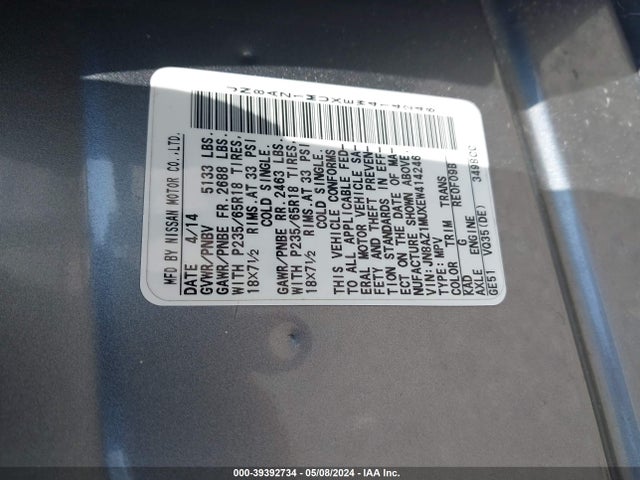 Nissan MURANO SL 2014 JN8AZ1MUXEW414246 Image 9