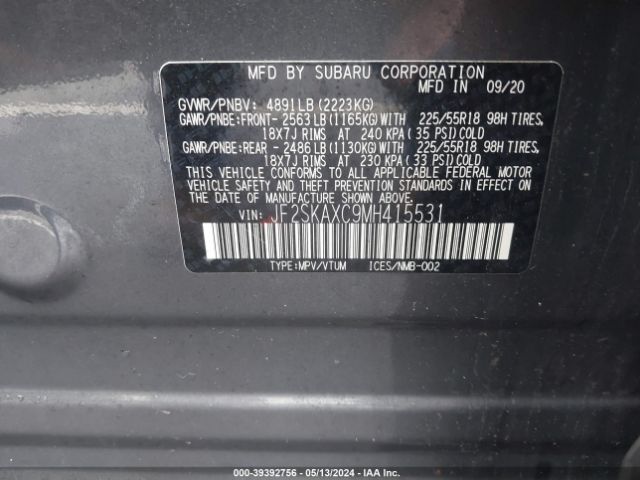 JF2SKAXC9MH415531 Subaru Forester Touring