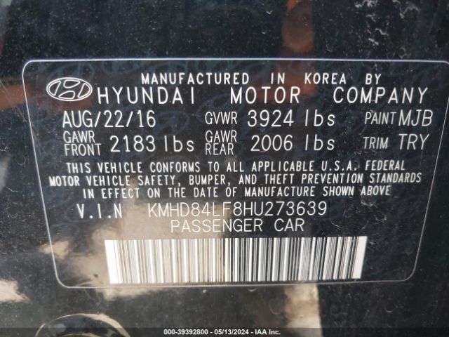 KMHD84LF8HU273639 Hyundai Elantra Value Edition