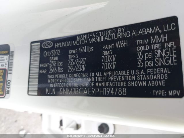 5NMJBCAE9PH194788 Hyundai TUCSON SEL