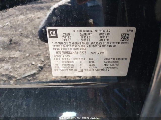 Chevrolet Tahoe Lt 2017 1GNSKBKC4HR113275 Image 9